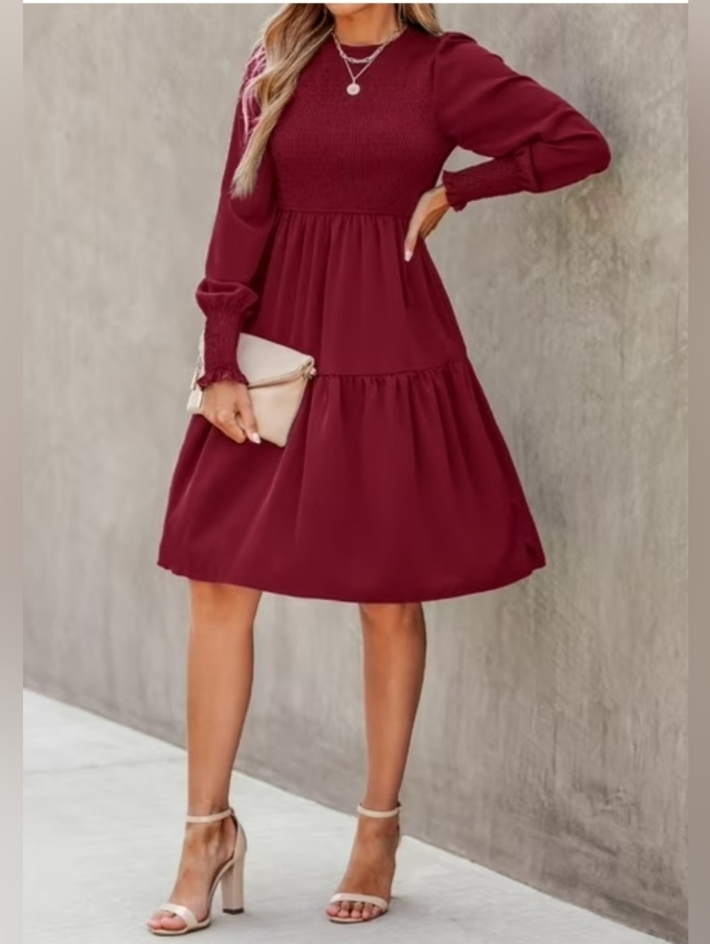Cupshe Burgundy Long Sleeve Smocked Tiered Midi Dress XL new With Tags